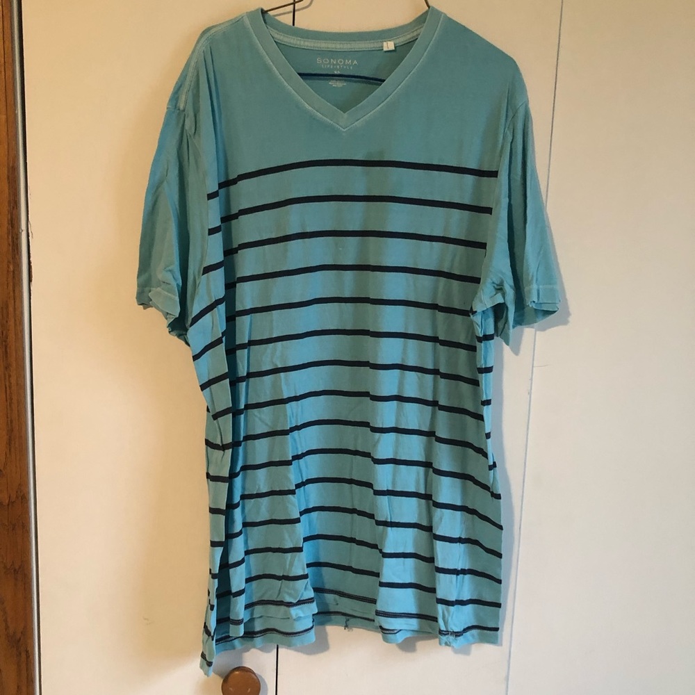 Blue Striped V Neck Short Sleeve T-Shirt